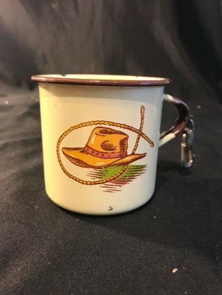 Vintage Monterrey Western Ware Enamel Tin Coffee Cup - Hat/rope