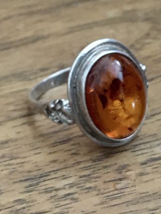 Vintage Art Deco 925 Sterling Silver 3/4 " Amber Ring Size 8,  4g