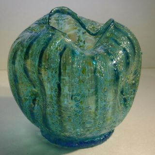 Antique Dugan Art Glass Iridescent Aqua - Blue Frit Glass Rose Bowl