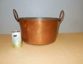 Antique Large Heavy Copper Pot With Iron Handles & A Dovetailed Base - 16 X 8 Inch