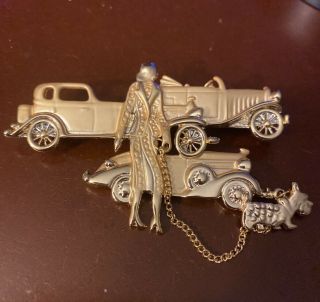 Vintage Brooch Pin Woman Walking Dog On Chain & 1930 