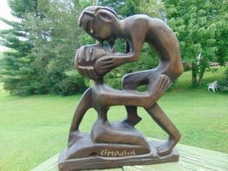 Vtg Modern Design African Wood Statue 15 " Tall Carved Nude Couple Signed Martin