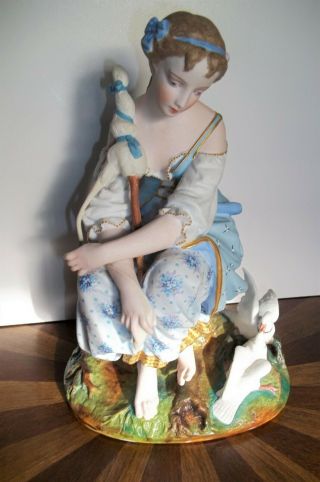 Antique Letu Mauger L & M Bisque French H Painted Figurine Shepherdess Woman