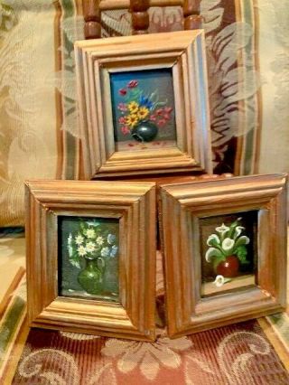 Estate Vintage 3 Miniature Framed Floral Flowers Oil Paintings On Wood 3x3 "