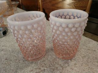 Set Of 2 Vintage Fenton Pink Opalescent Glass Hobnail Tumblers