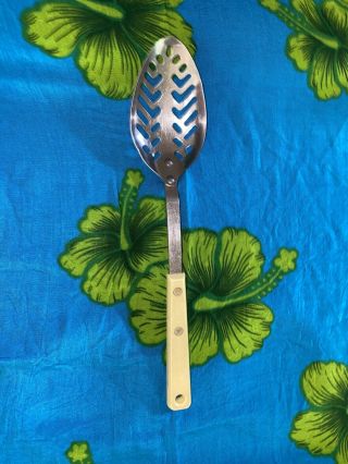 Vintage Ekco Forge Stainless Steel Slotted Serving Kitchen Utensil Spoon Yellow
