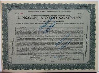 1920 Lincoln Motor Co Stock Certificate Td 455 Notarized Memorabilia