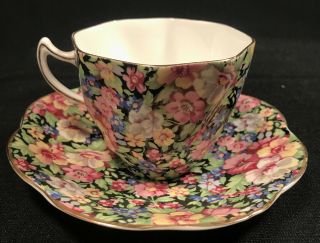 Vintage Rosina England Chintz Flowers On Black Bone China Tea Cup & Saucer Set