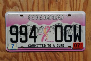 2007 Colorado Pink Breast Cancer Awareness License Plate - Committed To A Cure