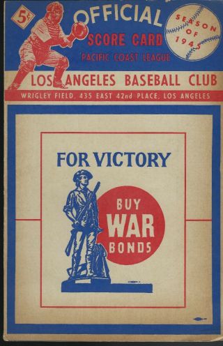 1945 Hollywood Stars @ Los Angeles Angels Pcl Scorecard - Pacific Coast League