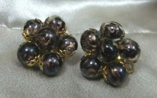 Vintage Costume Earrings Amber Art Glass Beads Cluster Clip On Made In Italy