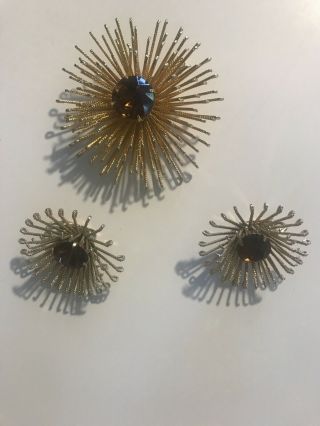 Vintage Sarah Coventry Golden Mum Atomic Burst Brooch Earrings Jewelry Set