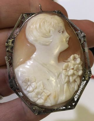 Vintage Antique Carved Shell Cameo Brooch Pendant Sterling Silver Filigree
