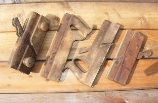4 Antique Wood Plane Molding Wooden Block Plow Screw Old Hand Tools Vintage