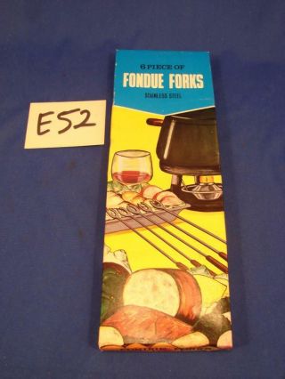 E52 Vintage Set Of 6 Fondue Forks Box Wood Handle Colored Ends