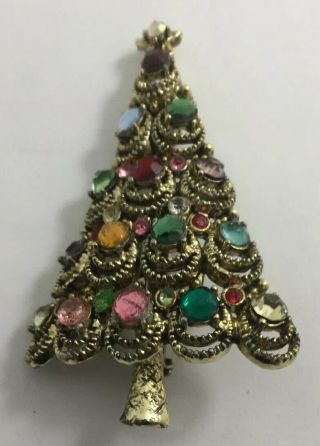 Vintage Signed Pakula Multi - Color Rhinestone Christmas Tree Brooch/pin