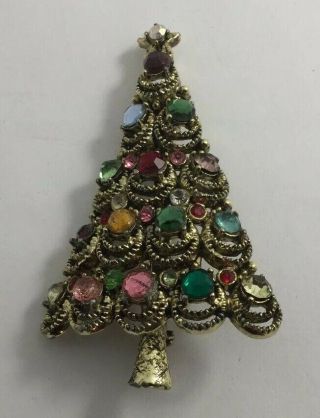 Vintage Signed PAKULA Multi - Color Rhinestone Christmas Tree Brooch/Pin 2