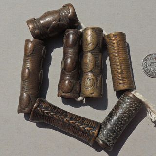 Seven Old Antique Lost Wax Cast Brass Tubular African Beads 61