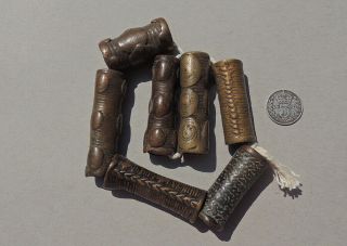 seven old antique lost wax cast brass tubular african beads 61 2