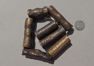 seven old antique lost wax cast brass tubular african beads 61 3