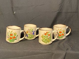 Set Of 4 Vintage Stoneware Coffee Mugs Brown Speckled With Wildflowers