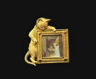Vtg.  Jj Jonette Cat Gold Tone Picture Frame Brooch