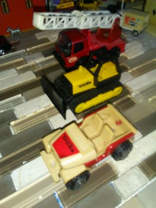 Vintage Tonka Small Fire Ladder Truck Red,  Jeep Tan Red & Bulldozer Yellow Black