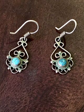 Vintage Navajo Sterling Silver Turquoise 1 1/2” Dangle Earrings 3.  4g