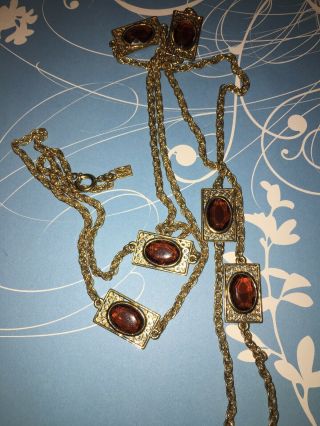 Gorgeous Vintage Emmons Amber Topaz Glass Panel Gold Tone Long Chain Necklace