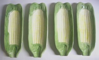 Vintage Corn Dish Hand Painted Green Yellow Ceramic Butter Roller Dish Set Of 4