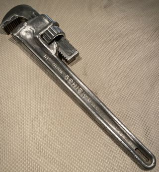 Vintage 18” Aluminum Pipe Wrench Crisp Jaws Schick,  Damage -