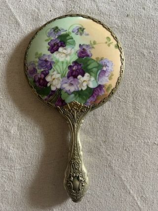 Antique Victorian Vanity Mirror With Porcelain Floral Violets Brass Hand Held