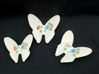 Vintage Homco Ceramic Set Of 3 Butterflies Handpainted Pink & Blue Flowers - Usa