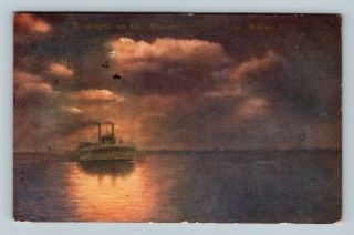 Moline Il,  Moonlight On The Mississippi River,  Illinois Vintage C1910 Postcard