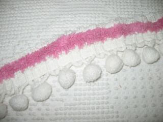 Vtg 3 Yds Bright White Salvaged Bedspread Pom - Pom Trim With Rose Pink Chenille