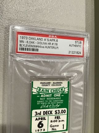 1973 Oakland A’s Athletics Minnesota Twins PSA Ticket Stub Blyleven v Hunter 2