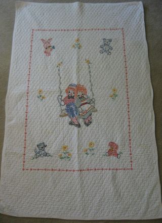 Vintage Raggedy Ann & Andy Crib Quilt Blanket Hand Embroidered In 1976