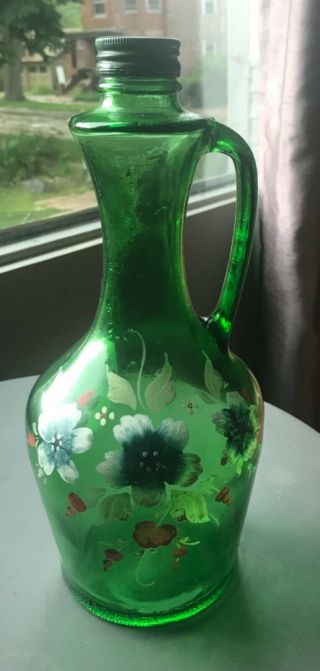 Vintage Emerald Green Glass Wine Decanter Jug Hand Painted