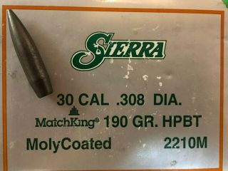 Sierra Matchking Moly.  308 190 Grain Hollow Point 30 Cal.  2210m Molycoated Hpbt