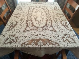 Antique French Ivory Colored Floral Design Lace Tablecloth 67x46”cotton - France