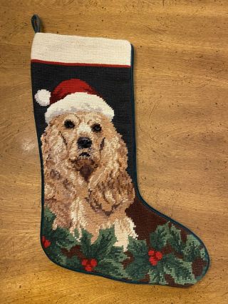 Vintage Cocker Spaniel Dog In Santa Hat Wool Needlepoint Christmas Stocking