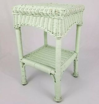 Vintage Bamboo Rattan Wicker Side Accent End Table Boho Shabby Cottage Pistachio