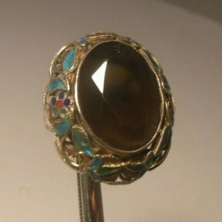 Antique Chinese Export Sterling Silver Smoky Quartz Enamel Filigree Ring Size 6