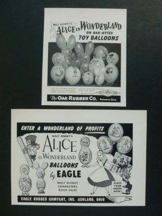 2 Rare Vtg 1951 Dealer Ad - Alice In Wonderland Eagle & Oak Rubber Balloons