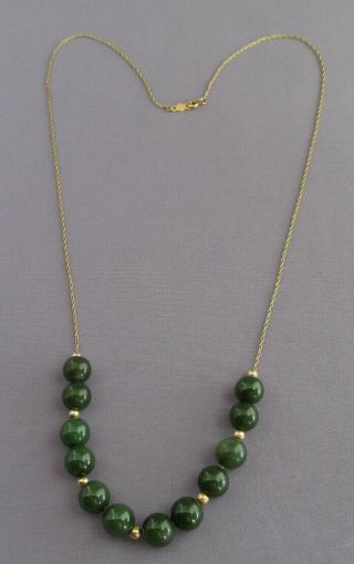 Antique Vintage 14k Yellow Gold Green Jade Ball Bead Floating Necklace 22 " 8mm