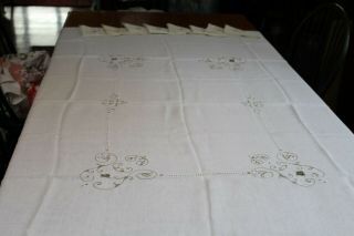 Vintage Cream Linen Tablecloth 60x72 8 Napkins 14x14 Embroidery & Cut Work