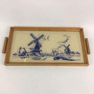 Vtg Blue Windmill Glass Serving Tray Wood Frame Delft J Stevenson Dutch Platter