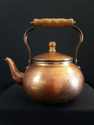 Vintage Copper Teapot Wood Handle Tea Kettle