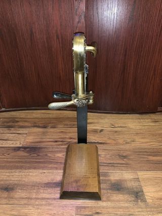Estate Brass Table Top Wine Bottle Opener W/ Wood Stand Corkscrew Vgc