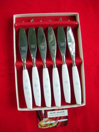 Set Of 6 Vintage Sheffield " Mode Danish " Atomic Starburst Steak Knives - England